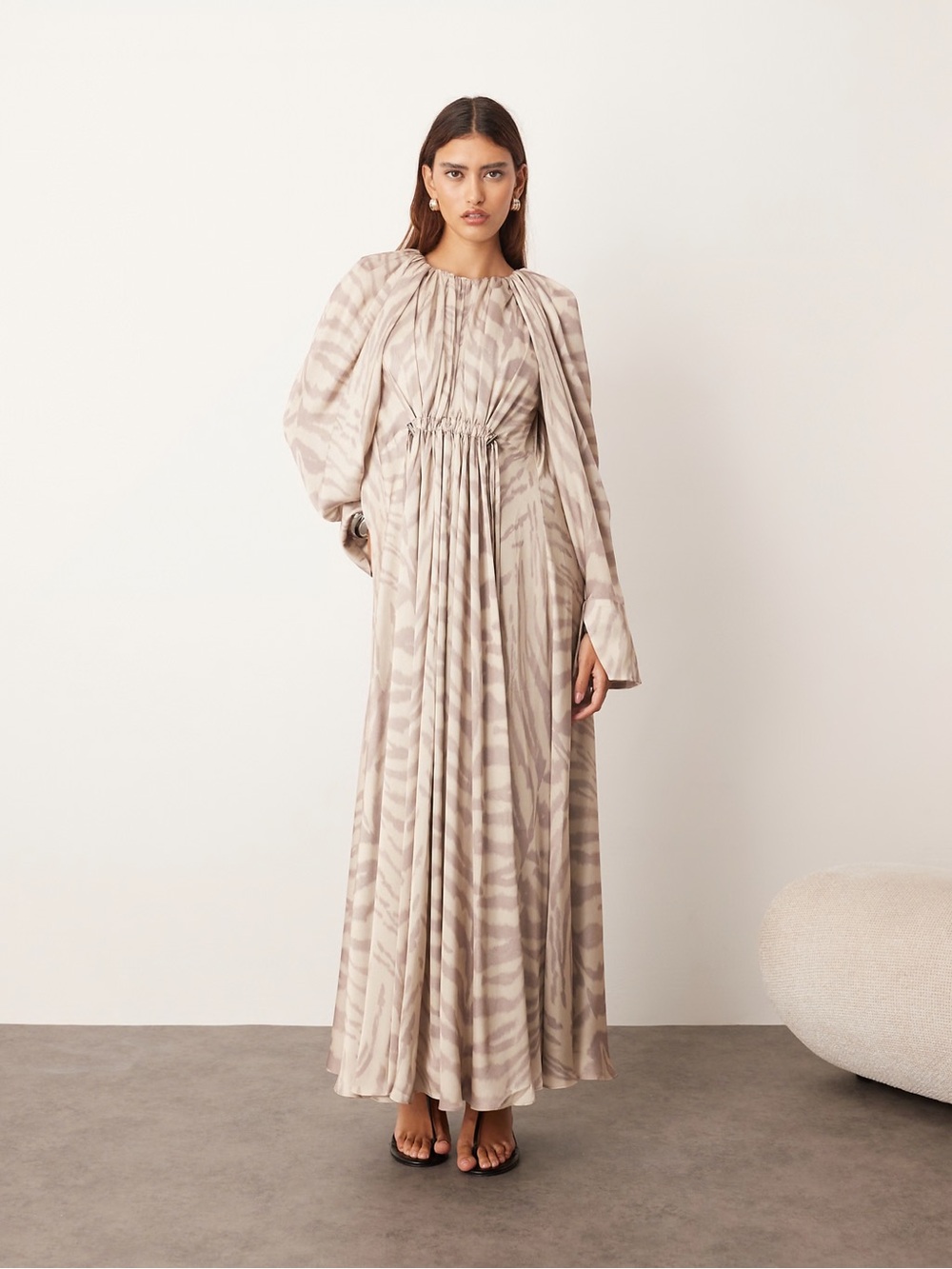 Arrange Neutral Taupe Printed Maxi Dress with Gathered Waist